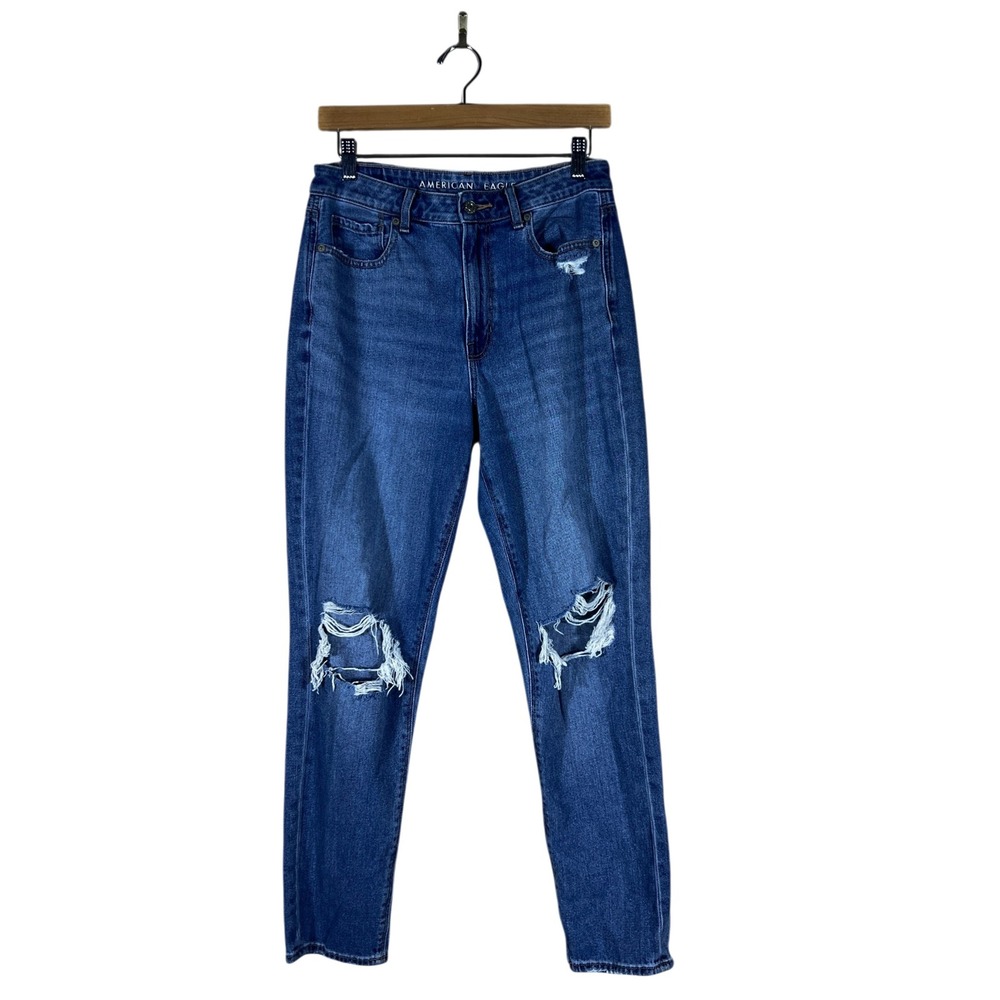American Eagle Mom Jean Distressed High Rise Tapered Denim Blue Size 6